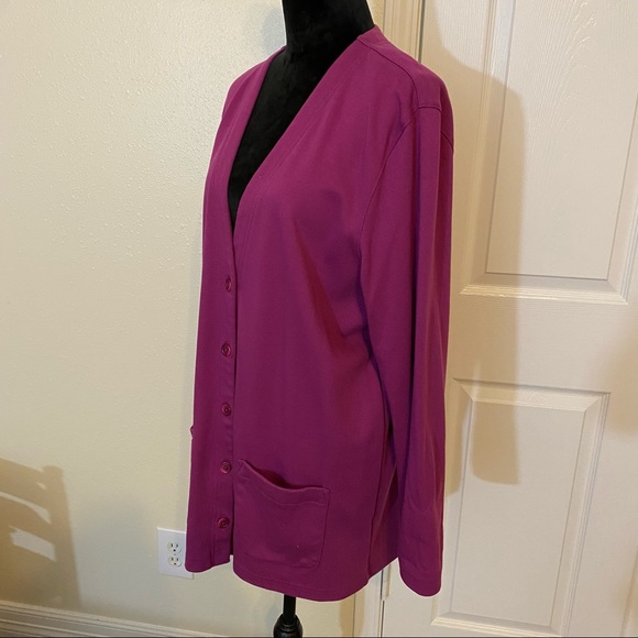 Land’s End Sweater Woman Large Cardigan Long Line Button Down Fuchsia Pockets - Picture 2 of 9